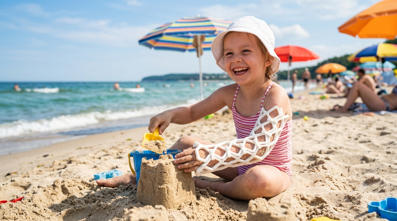 Dziewczynka z opatrunkiem OPENCAST bawiąca się na plaży
